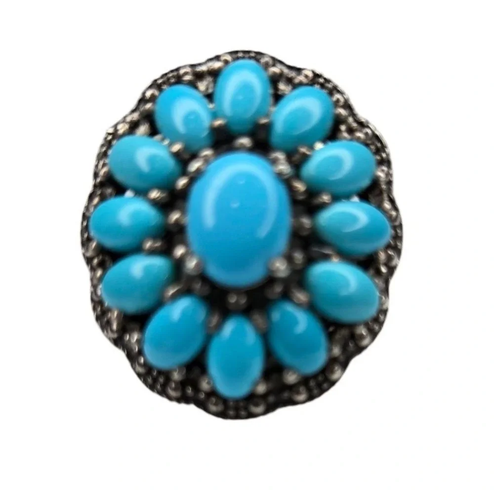 NF Ring 925 Sterling Silver Size 9 Blue Faux Turquoise Flower Statement NF925